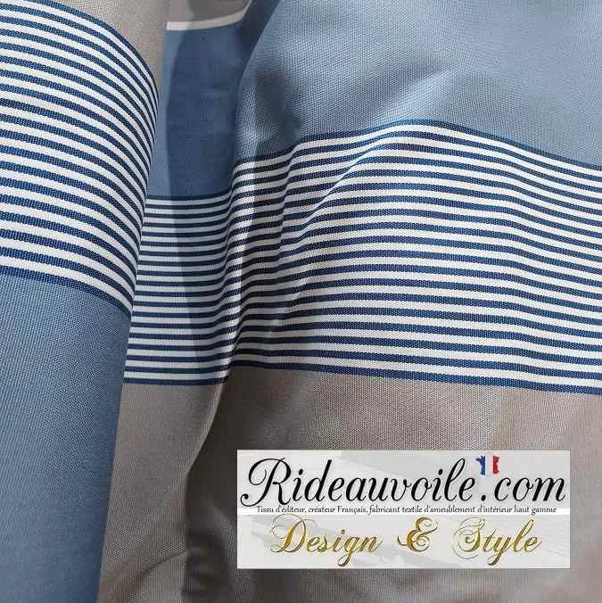 Toile ameublement imperméable intérieur extérieure mètre rayures gris bleu rideau