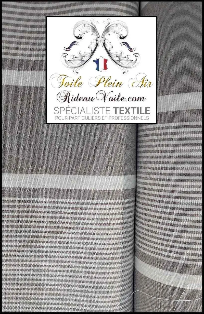 Toile rayures Téflon U.V intérieur extérieure au mètre gris blanc rideau sur mesure