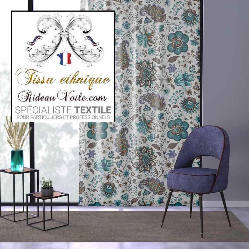 Tissu motif Indien Paisley Jacquard Toile de Jouy imprimé Indienne mètre rideau turquoise