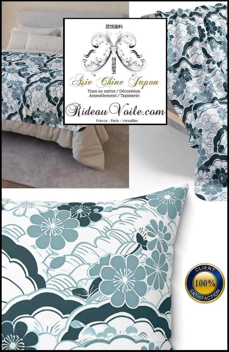 Tissu occultant acoustique thermique motif japonais mètre ignifuge bleu