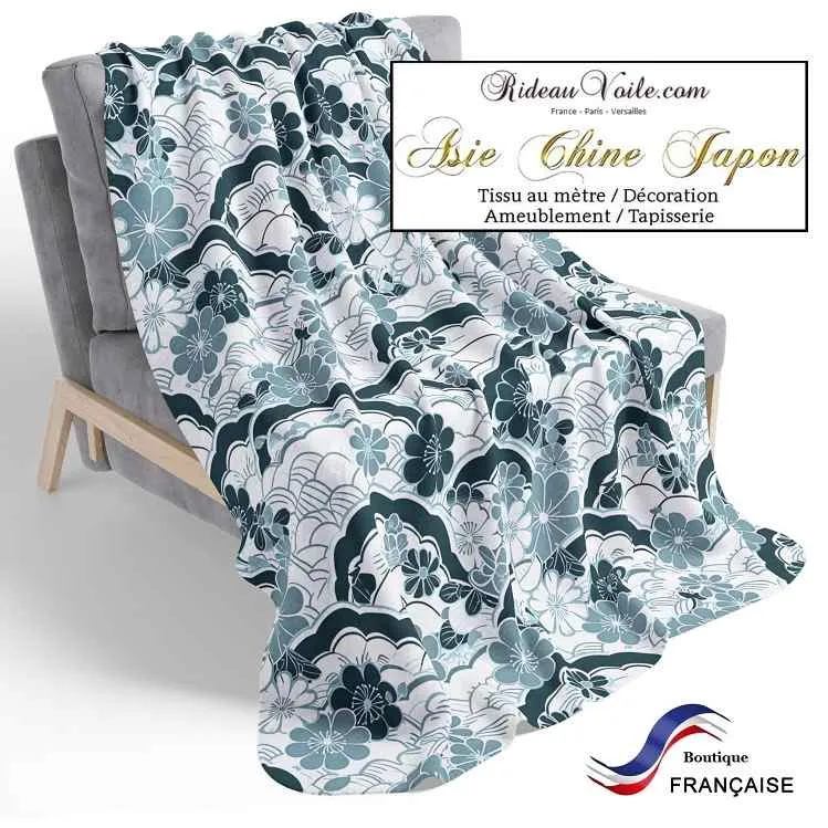 Tissu occultant acoustique thermique motif japonais mètre ignifuge bleu