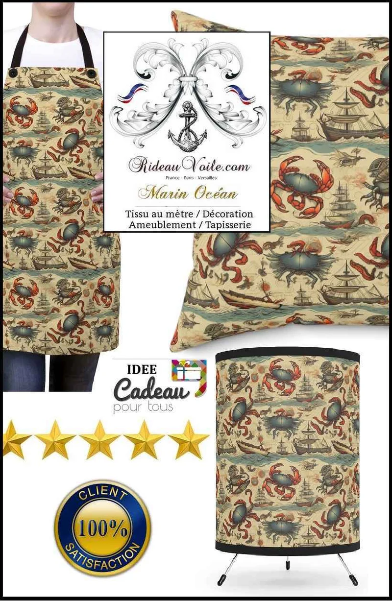 Tissu ameublement imprimé Marin motif crabe bateau vague océan vintage rideau sur mesure