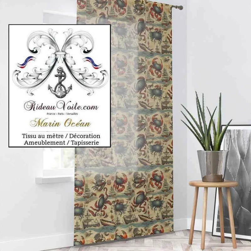 Tissu ameublement imprimé Marin motif crabe bateau vague océan vintage rideau sur mesure