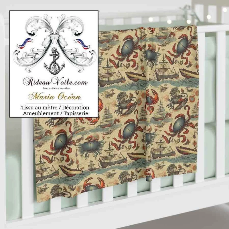 Tissu ameublement imprimé Marin motif crabe bateau vague océan vintage rideau sur mesure