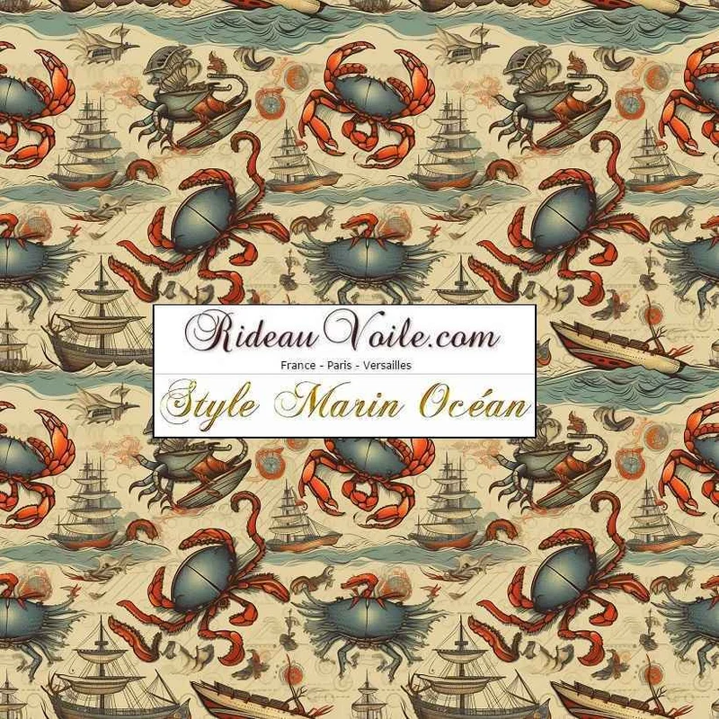 Tissu ameublement imprimé Marin motif crabe bateau vague océan vintage rideau sur mesure