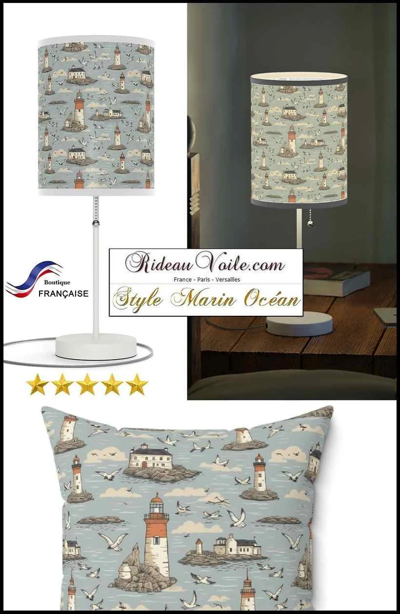 Nautique Tissu imprimé maritime Mouettes de mer plage décoration phare bateau