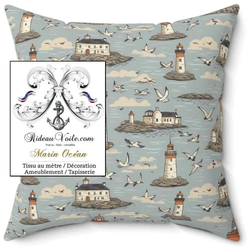 Nautique Tissu imprimé maritime Mouettes de mer plage décoration phare bateau