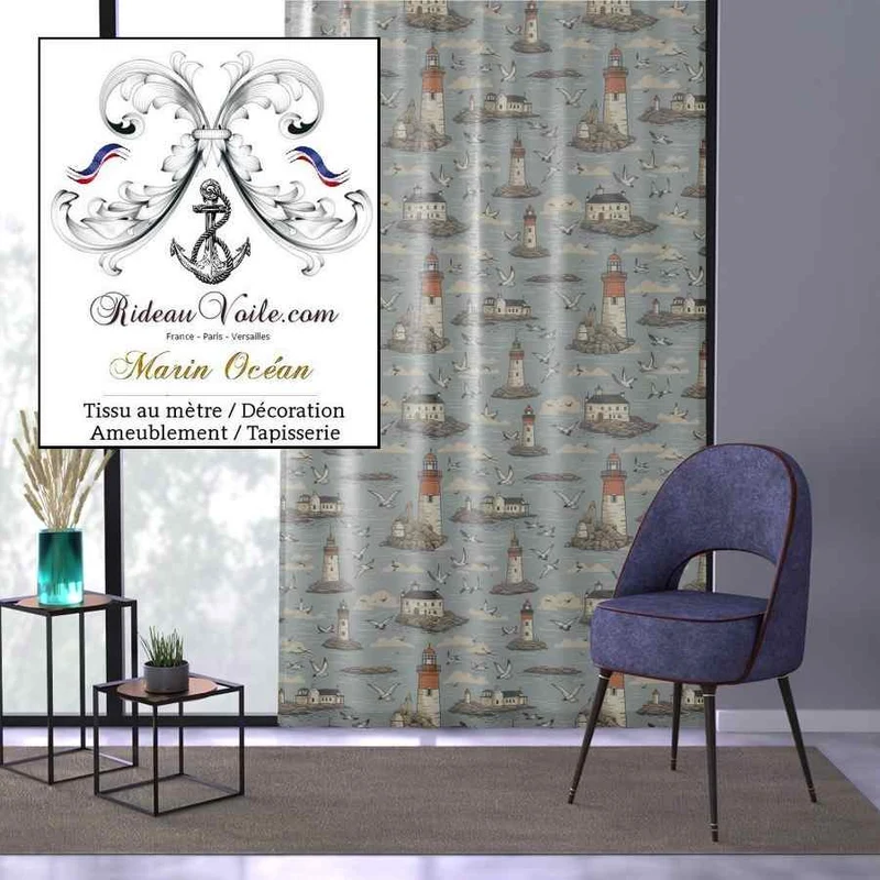 Nautique Tissu imprimé maritime Mouettes de mer plage décoration phare bateau