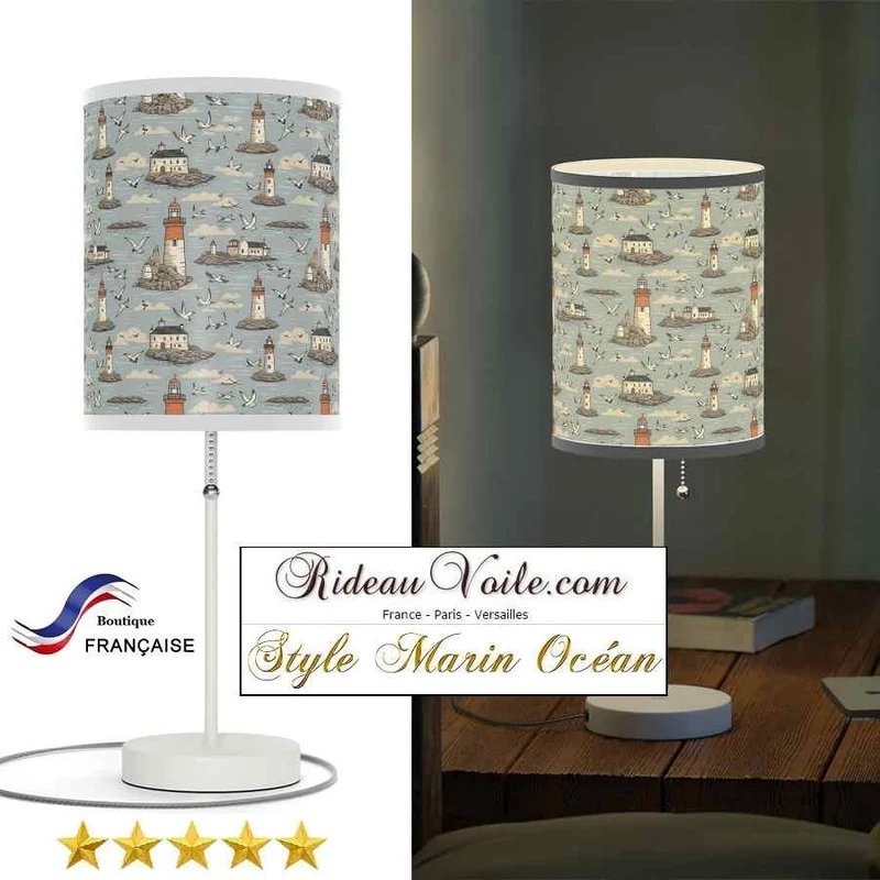Nautique Tissu imprimé maritime Mouettes de mer plage décoration phare bateau