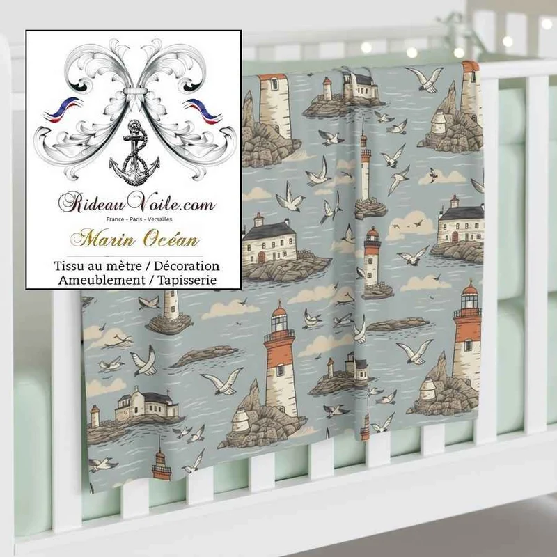 Nautique Tissu imprimé maritime Mouettes de mer plage décoration phare bateau