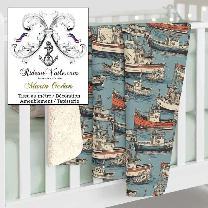 Boutique achat Tissu nautique, textile bateau imprimé ambiance intérieur marin bleu