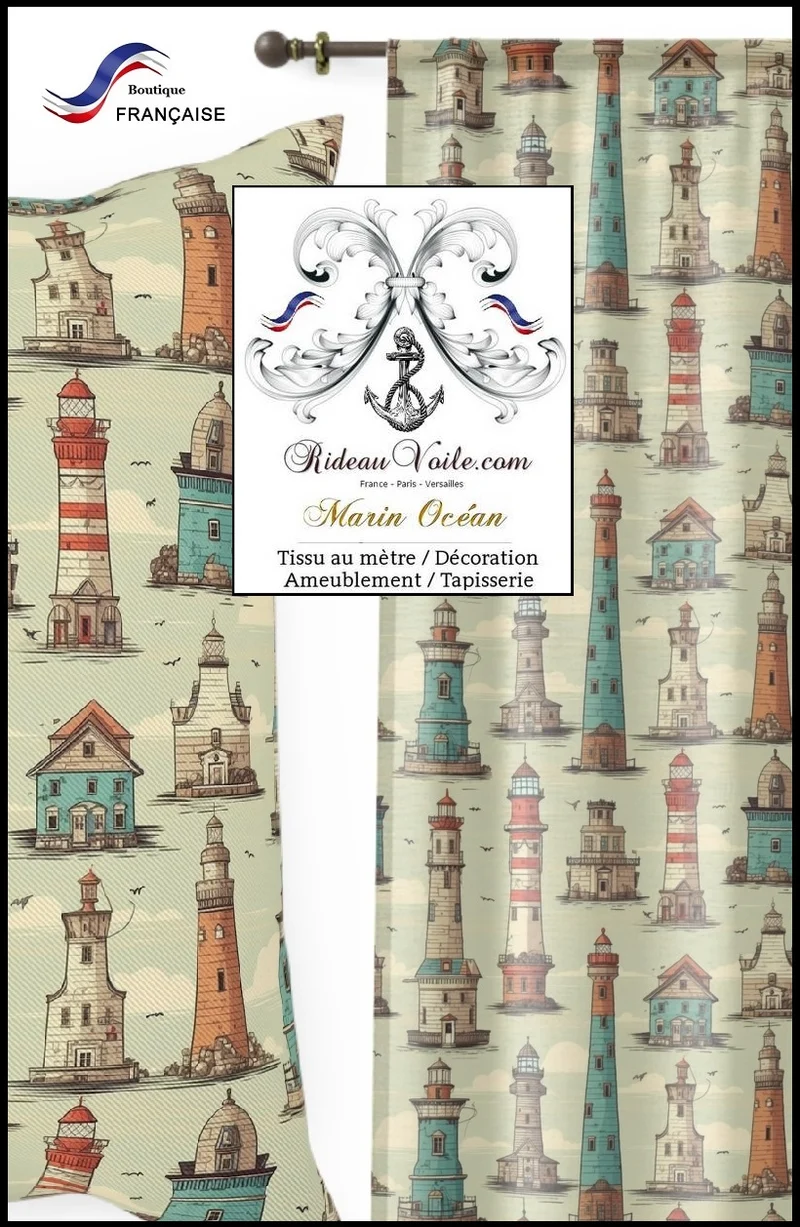 Boutique tissu ignifuge occultant motif marin au mètre imprimé Phare bateau rideau