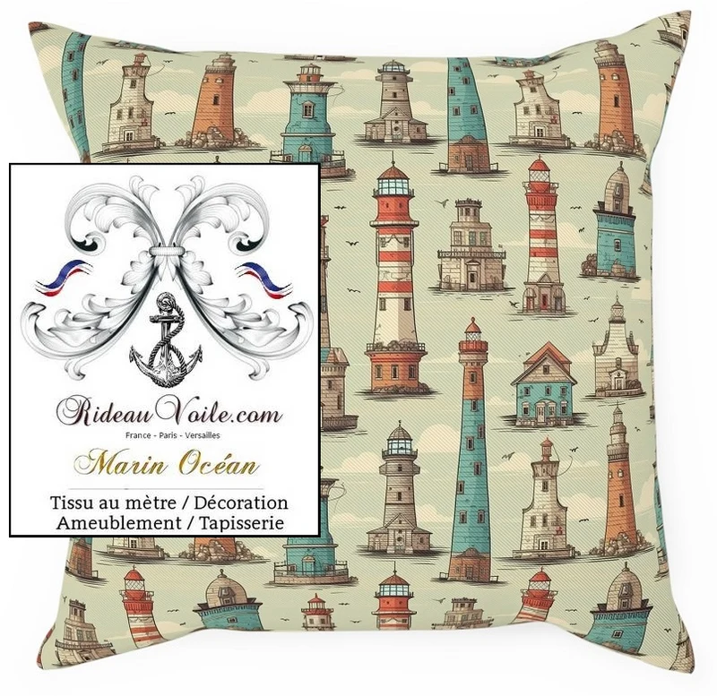 Boutique tissu ignifuge occultant motif marin au mètre imprimé Phare bateau rideau