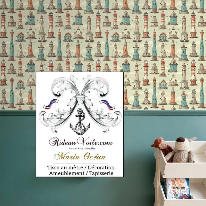 Boutique tissu ignifuge occultant motif marin au mètre imprimé Phare bateau rideau