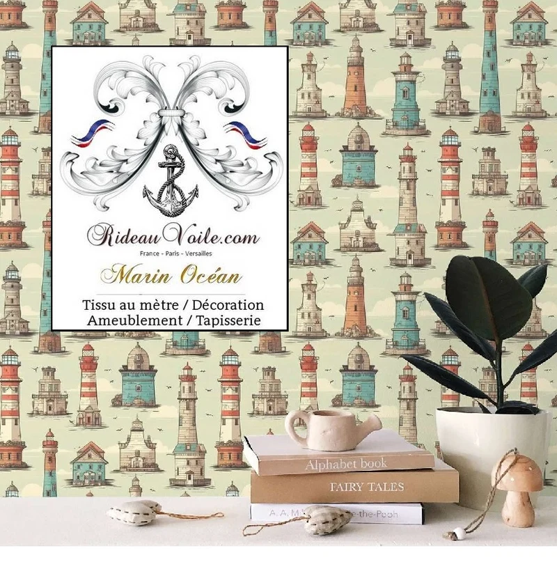 Boutique tissu ignifuge occultant motif marin au mètre imprimé Phare bateau rideau