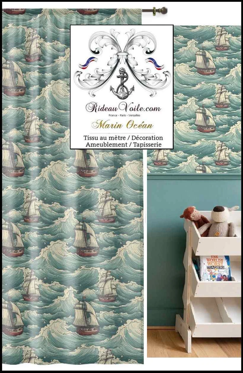 Architecte intérieure tissu motif style marin mètre imprimé bateau vague mer rideau