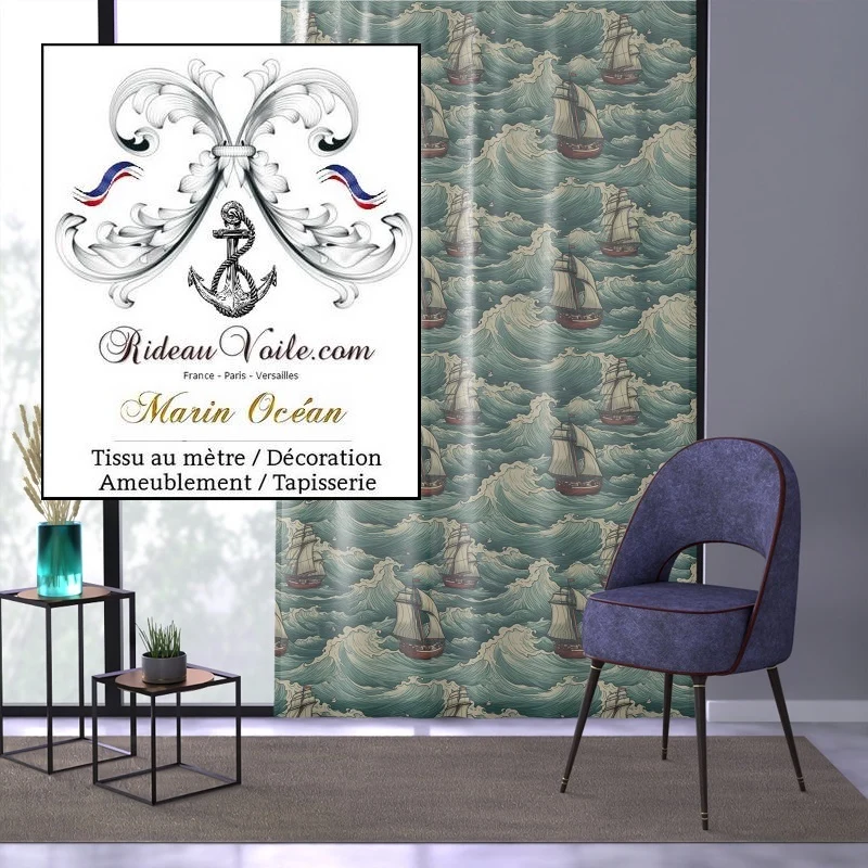 Architecte intérieure tissu motif style marin mètre imprimé bateau vague mer rideau