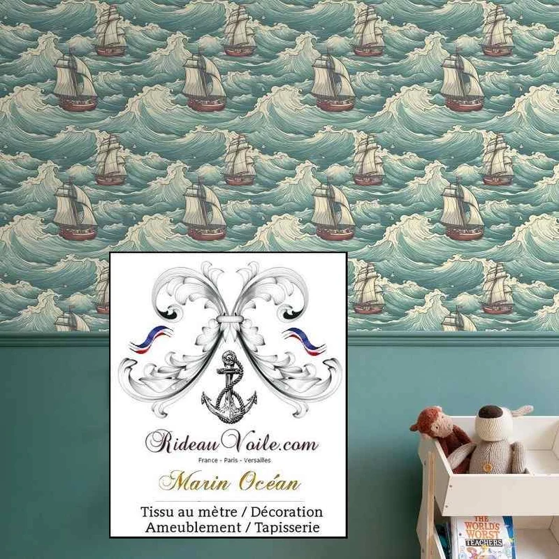 Architecte intérieure tissu motif style marin mètre imprimé bateau vague mer rideau