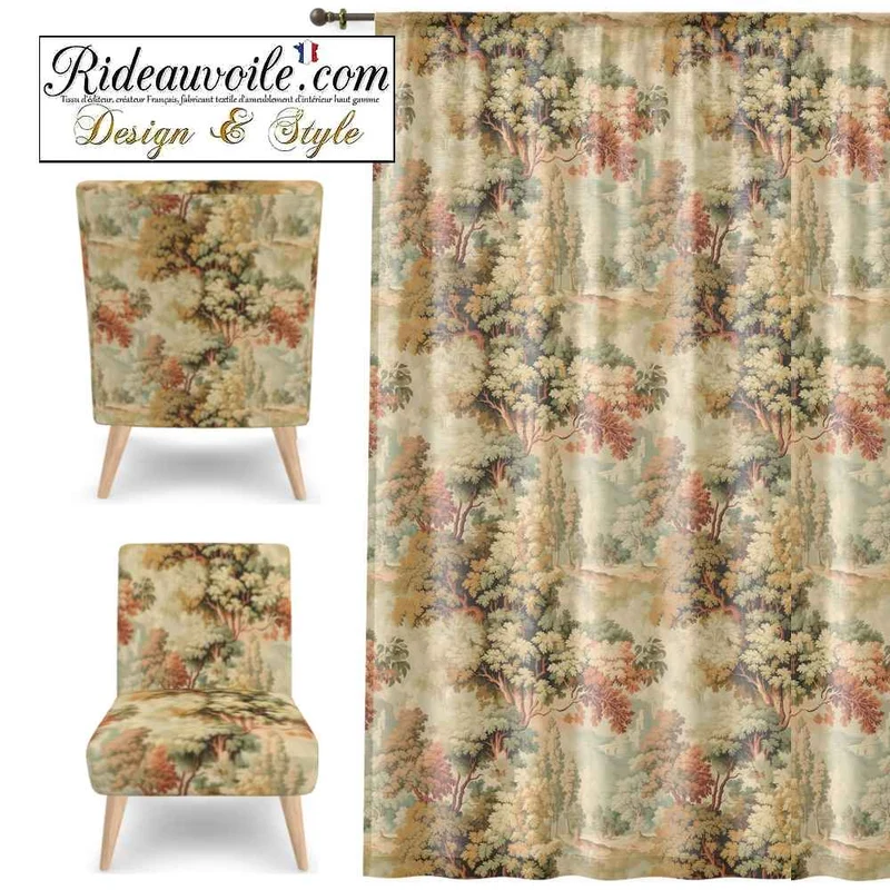 Tissu ameublement tapisserie ancienne paysage arboré style Gobelin au mètre rideau