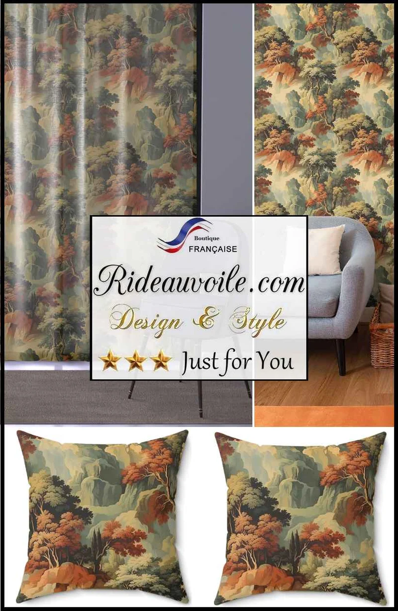 Tissu ameublement tapisserie paysage arboré style Gobelin vintage au mètre rideau