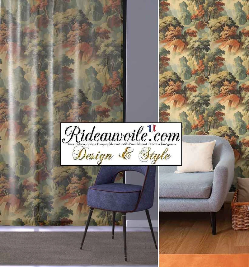Tissu ameublement tapisserie paysage arboré style Gobelin vintage au mètre rideau