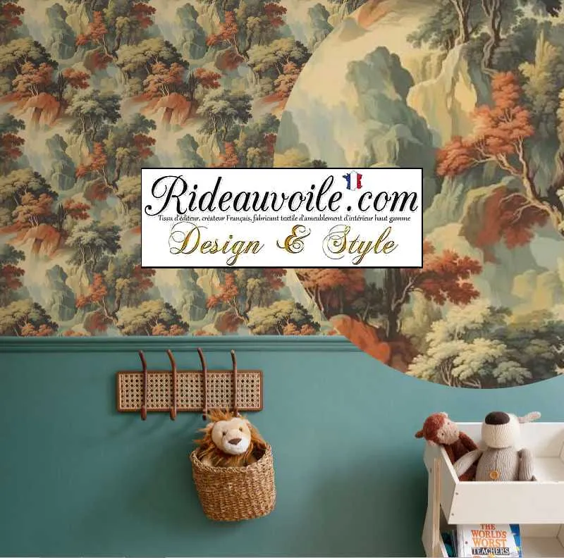 Tissu ameublement tapisserie paysage arboré style Gobelin vintage au mètre rideau