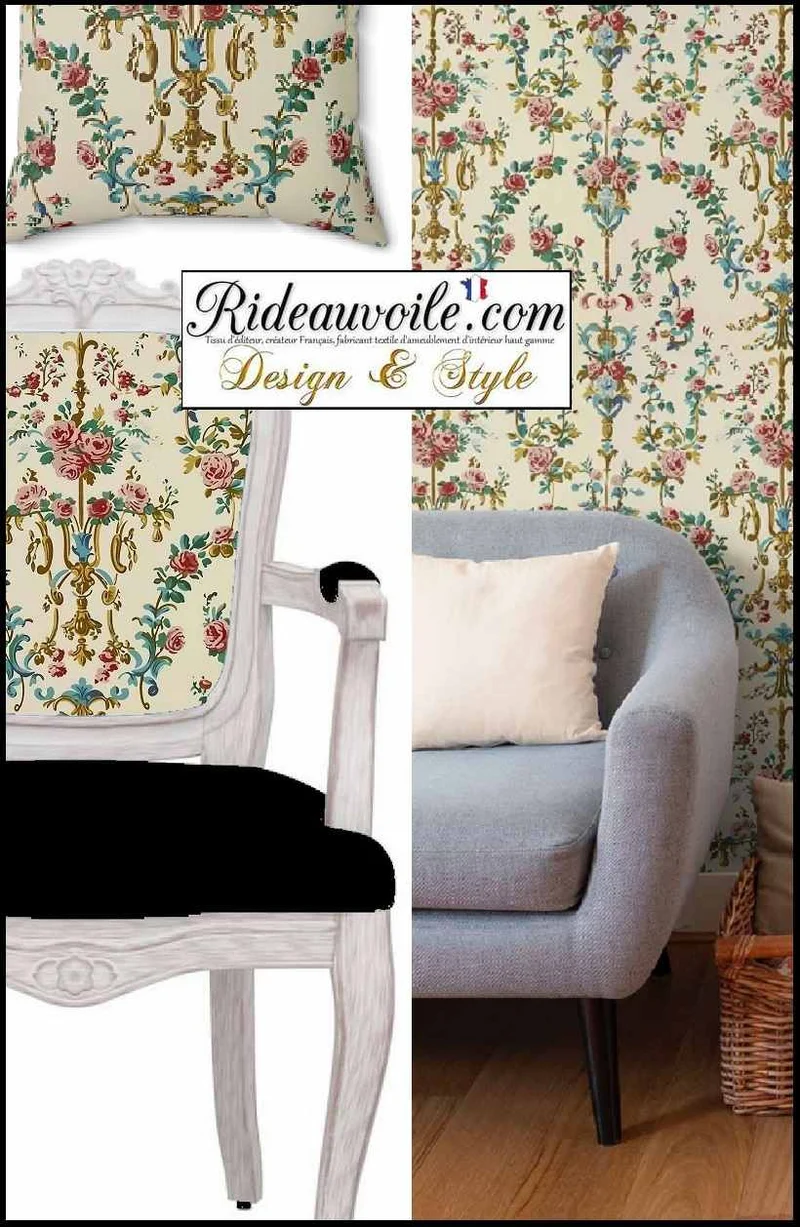 Tissu ignifuge non-feu imprimé M1 jacquard Baroque Rococo fond beige mètre rideau