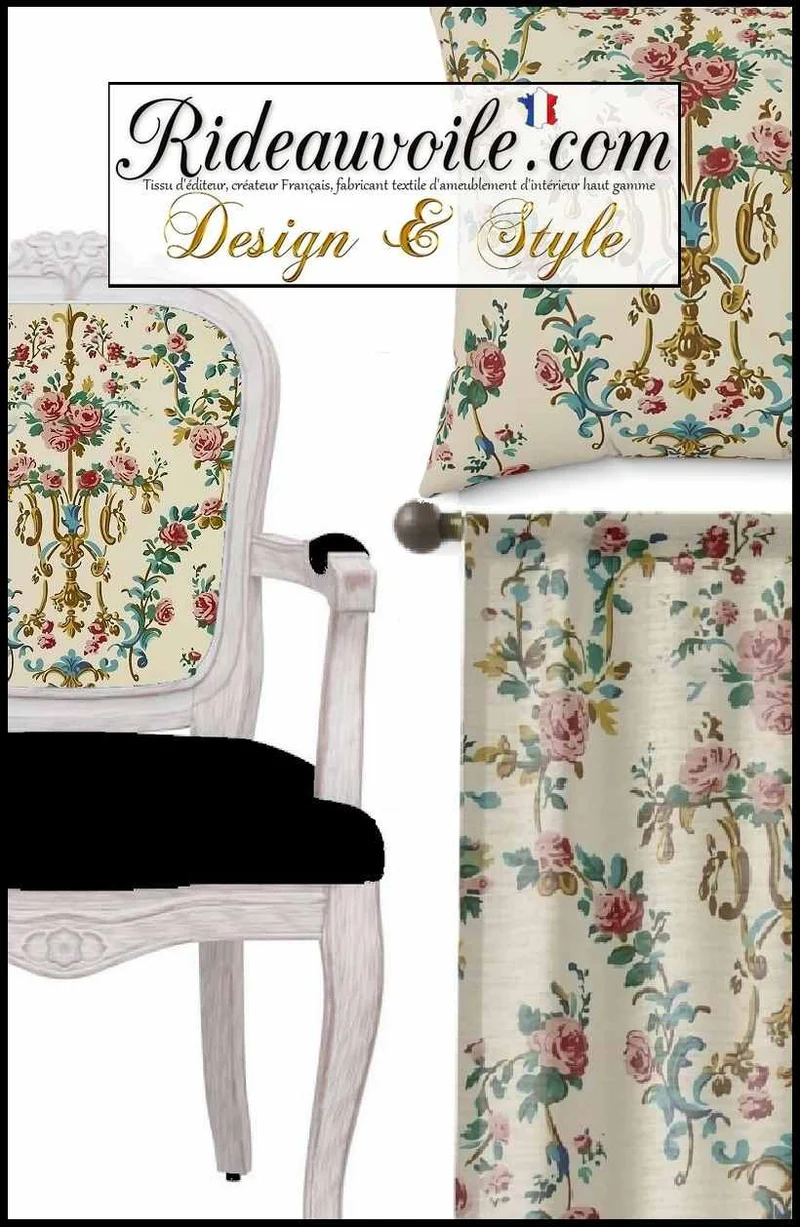 Tissu ameublement motif Baroque Rococo Marie-Antoinette floral beige mètre rideau