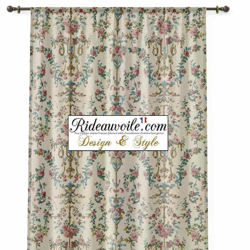 Tissu ameublement motif Baroque Rococo Marie-Antoinette floral beige mètre rideau