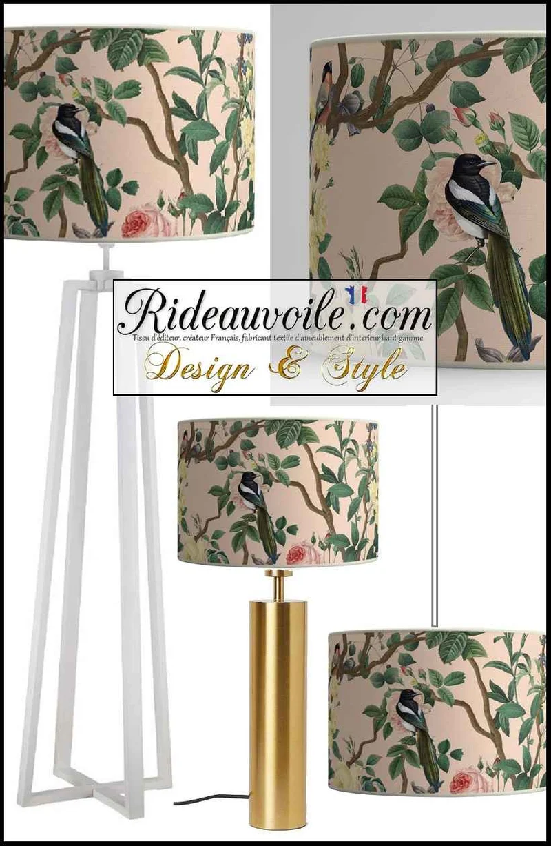 Tissu non-feu Abat-jour exotique tropical feuilles oiseaux fabrication sur mesure Paris