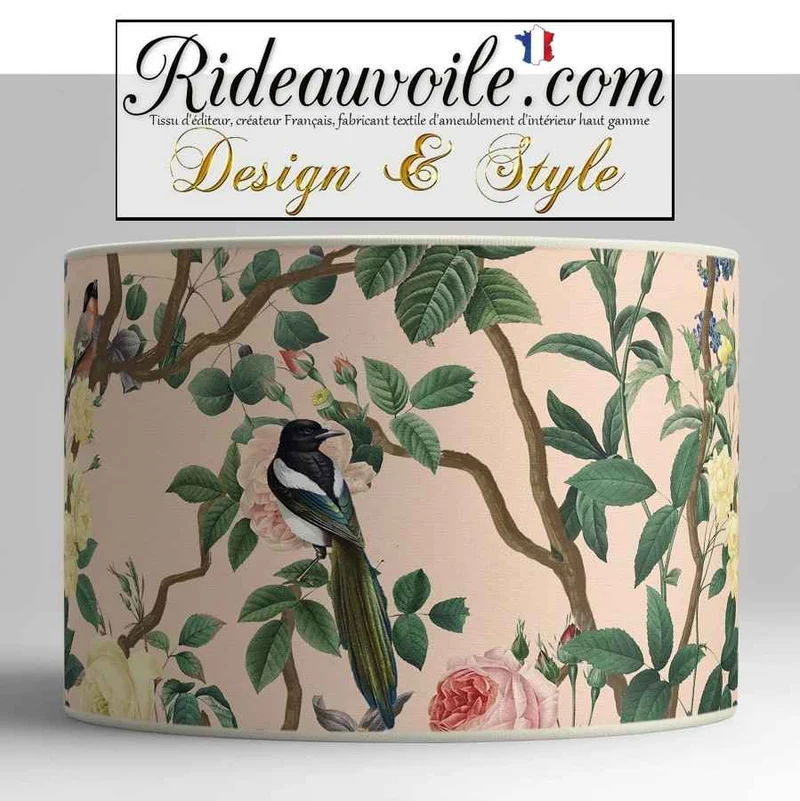 Tissu non-feu Abat-jour exotique tropical feuilles oiseaux fabrication sur mesure Paris