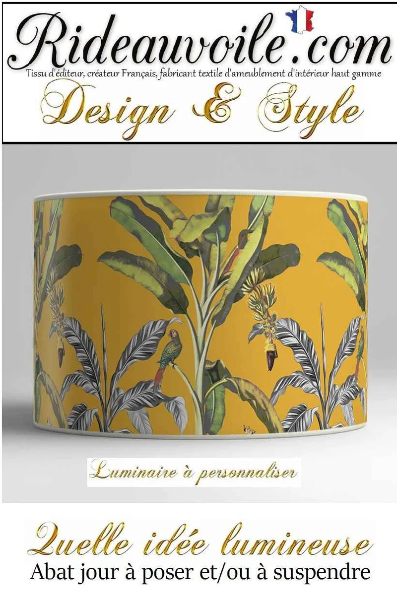 Abat-jour exotique tissu M1 tropical feuilles oiseaux à suspendre, à poser sur mesure
