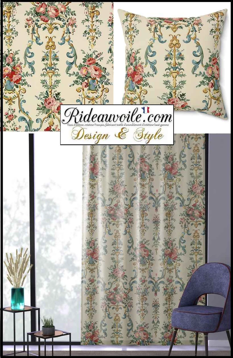 Tissu vintage IGNIFUGE ameublement M1 Rococo fleur Toile Jacquard floral mètre rideau