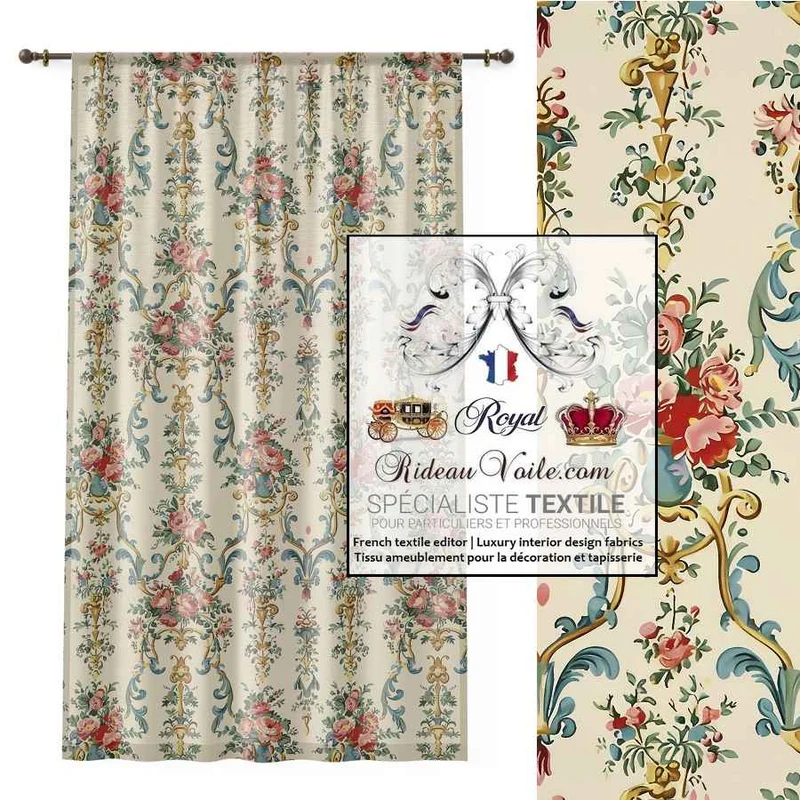 Tissu vintage IGNIFUGE ameublement M1 Rococo fleur Toile Jacquard floral mètre rideau