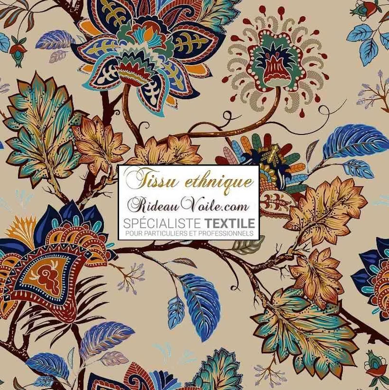 Tissu ameublement ethnique Toile de Jouy JAIPUR Batik Sari indien Paisley mètre