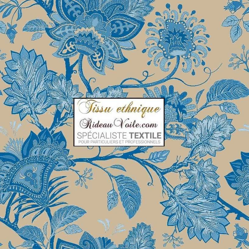 Toile de Jouy JAIPUR Batik Paisley bleu éditeur textile ameublement au mètre rideau