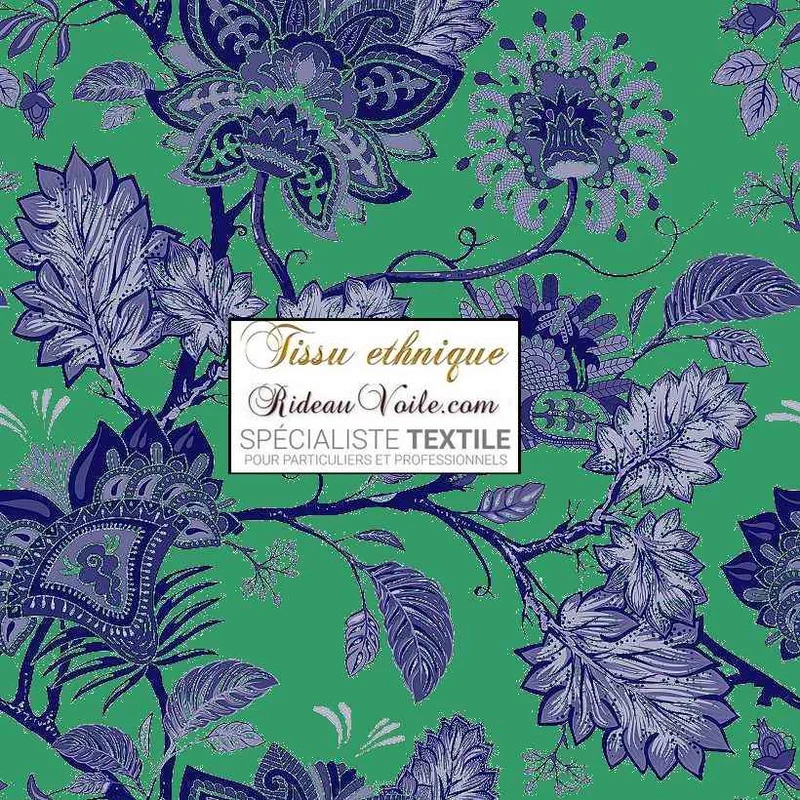 Boutique tissu luxe Paisley Toile de Jouy JAIPUR ameublement mètre bleu vert