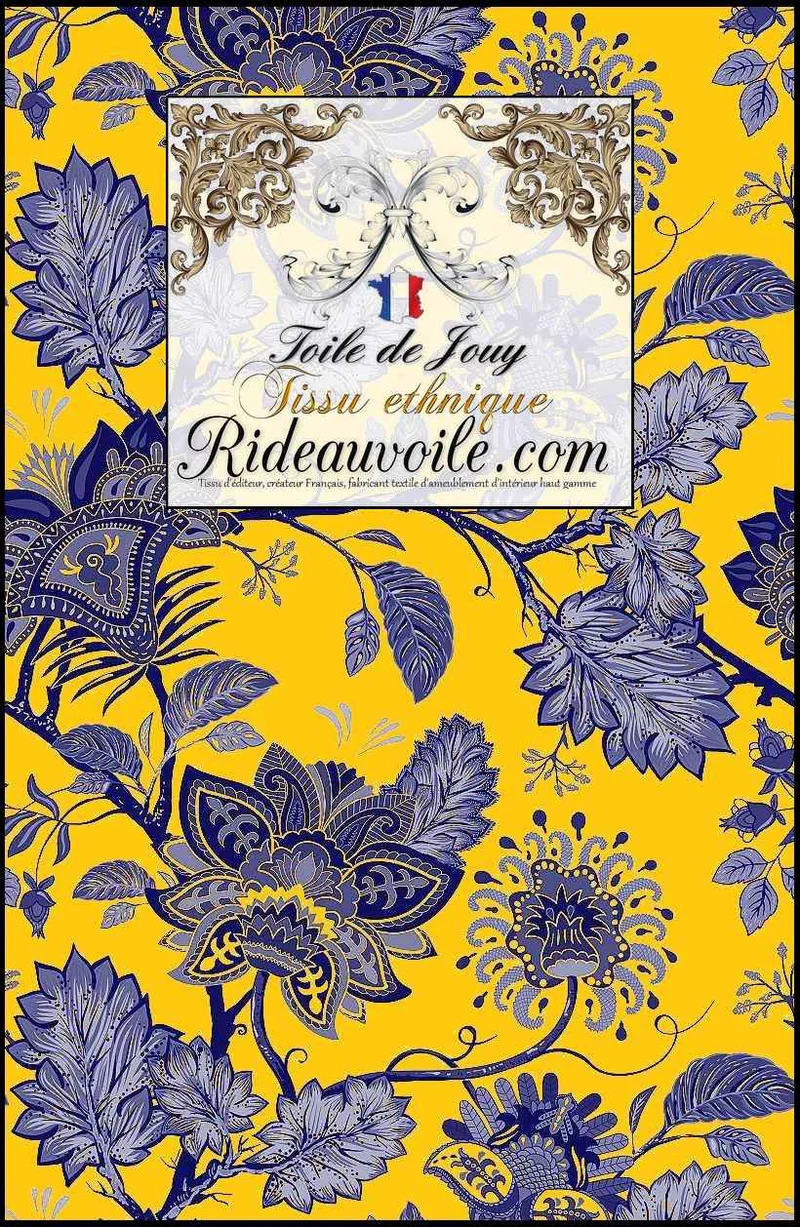 Maison cachemire Paisley Toile de Jouy JAIPUR tissu ameublement mètre bleu jaune