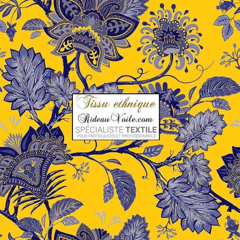 Maison cachemire Paisley Toile de Jouy JAIPUR tissu ameublement mètre bleu jaune