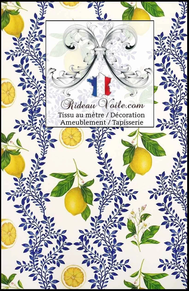 Tissu botanique agrume imprimé citron guirlande fleur citronnier mètre rideau