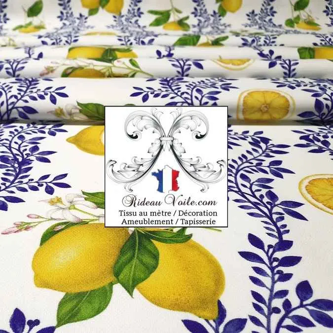 Tissu botanique agrume imprimé citron guirlande fleur citronnier mètre rideau