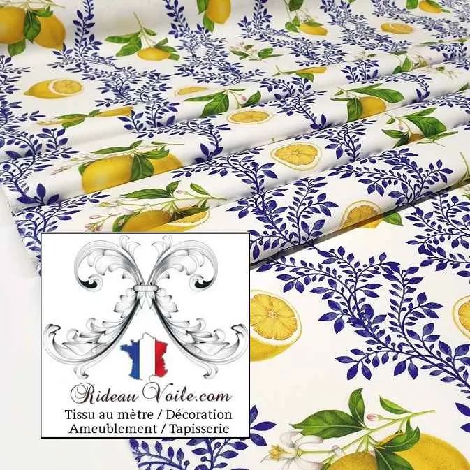 Tissu botanique agrume imprimé citron guirlande fleur citronnier mètre rideau