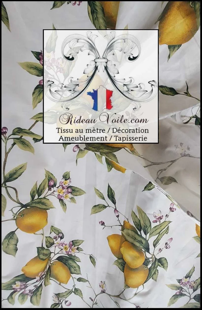 Tissu motif imprimé citron & fleur citronnier au mètre confection rideau