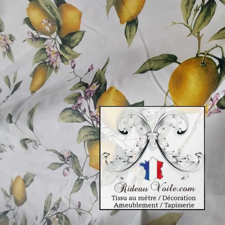 Tissu motif imprimé citron & fleur citronnier au mètre confection rideau