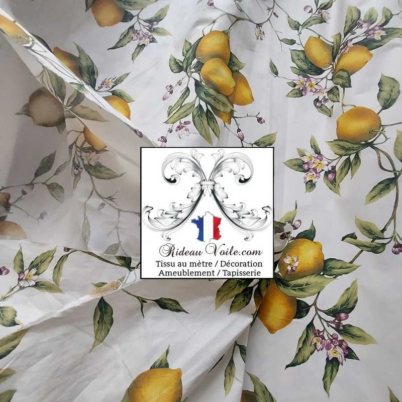 Tissu motif imprimé citron & fleur citronnier au mètre confection rideau