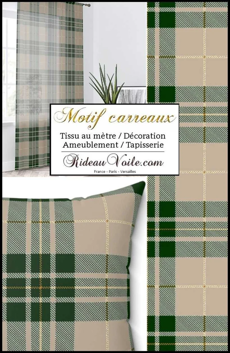 Tissu lainage ameublement chalet montagne déco écossais tartan carreaux vert mètre