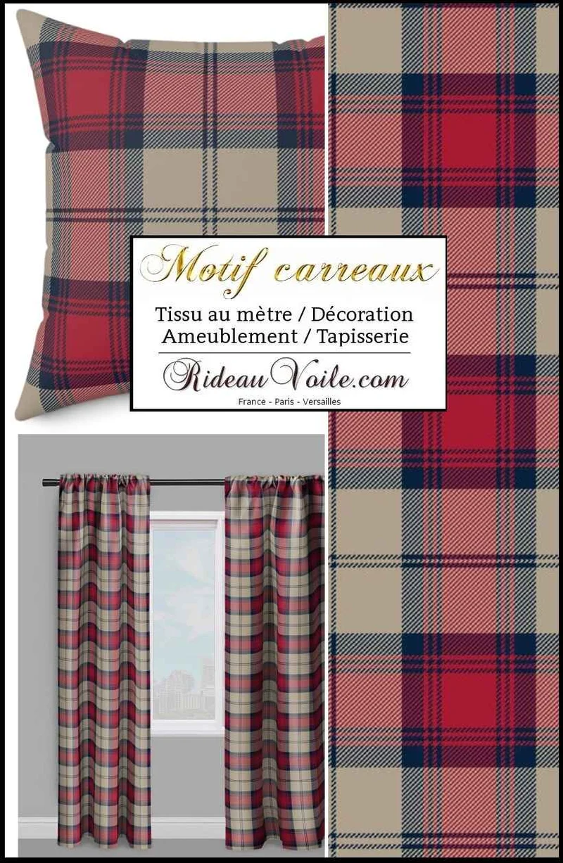 Tissu laine d'ameublement écossais tartan carreaux bleu rouge beige mètre rideaux
