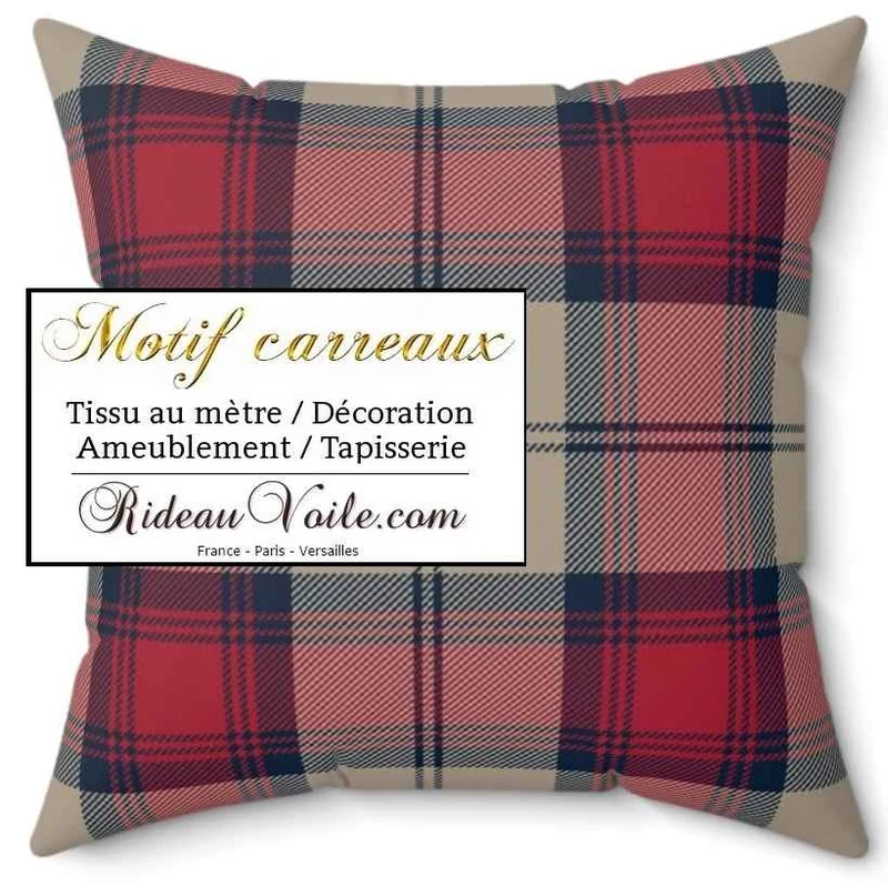 Tissu laine d'ameublement écossais tartan carreaux bleu rouge beige mètre rideaux