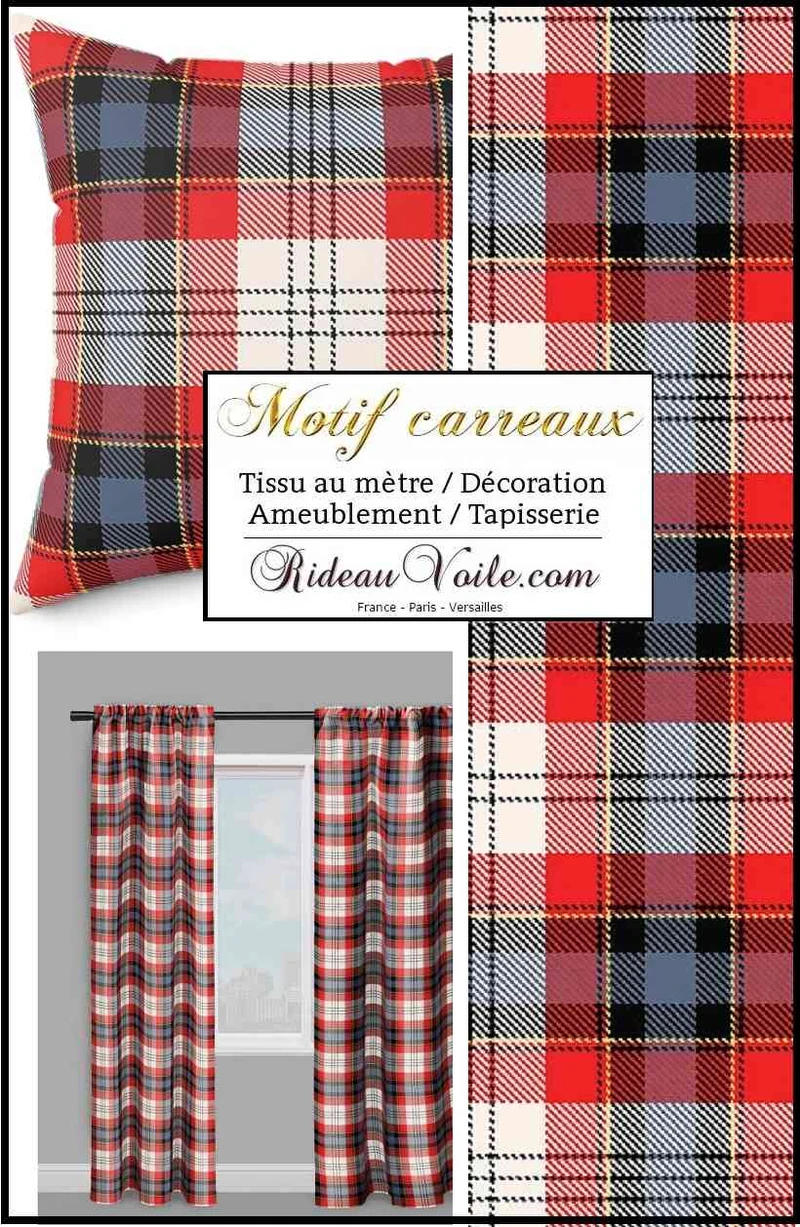 Laine d'ameublement motif écossais tartan carreaux rouge bleu mètre rideau tapisserie