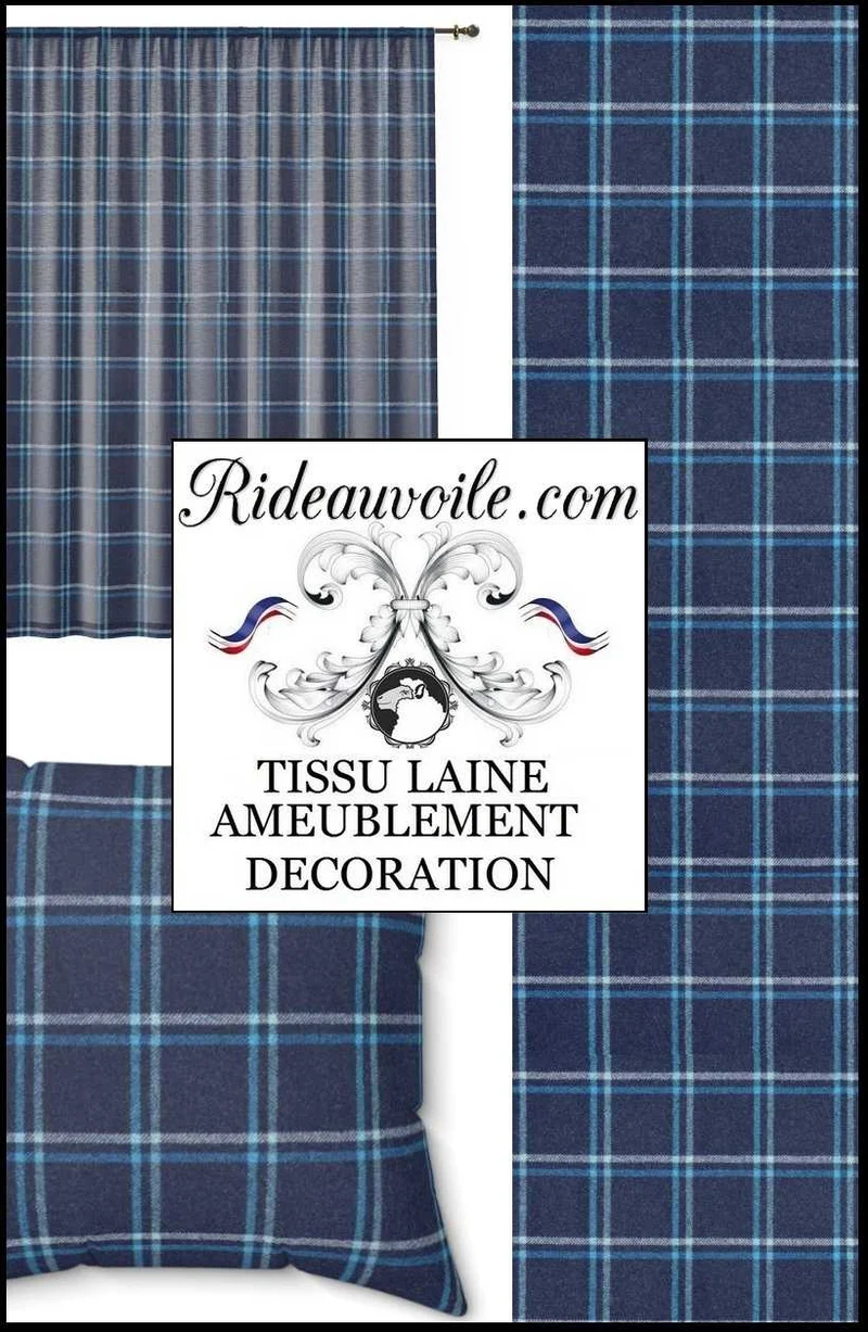 Tissu ameublement ignifugé Laine carreaux au mètre bleu confection rideaux
